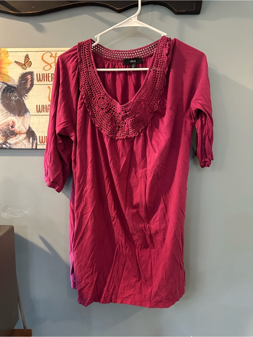 ellos Raspberry Pink Crochet-Neck 3/4 Sleeve Tunic